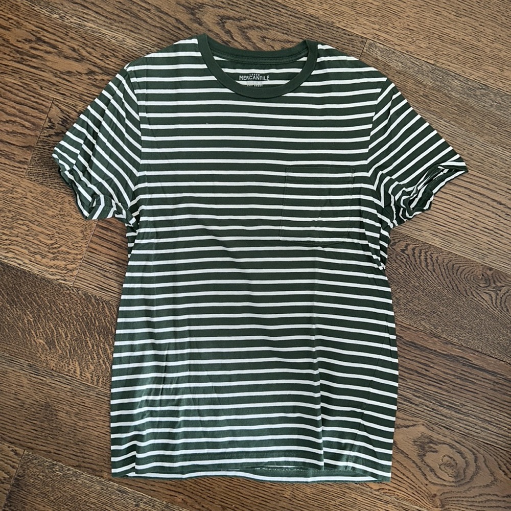 J Crew Green and White Striped Pocket T-Shirt